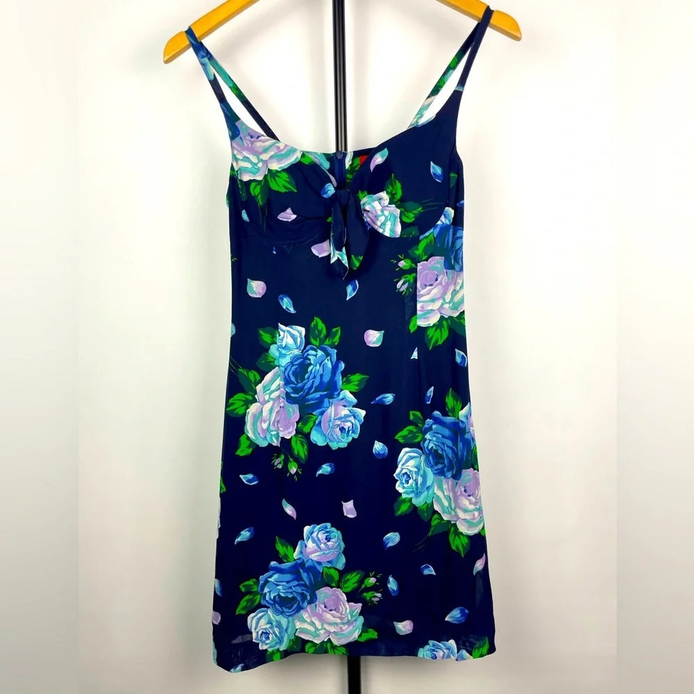 Vintage Kenzo Jungle Navy Blue‎ Rose Floral Sleeveless Mini Dress